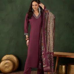 Sangria Thread Work V-Neck Straight Kurta With Trousers And Dupatta-picture-31