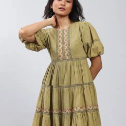 Label Ritu Kumar Olive Embroidered A Line Dress-image-82