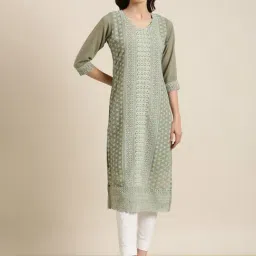 SHOWOFF Light Olive Georgette Embroidered Kurta-image-95