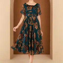 Antheaa Women Floral Printed Gathered or Pleated Boat Neck Fit & Flare Midi Dress-image-67