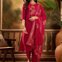 Vastramyaa Floral Yoke Design Thread Work Straight Kurta With Trousers & Dupatta-image-17