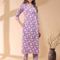 Janasya Floral Printed Mandarin Collar Pure Cotton Straight Kurta With Trousers-image-52