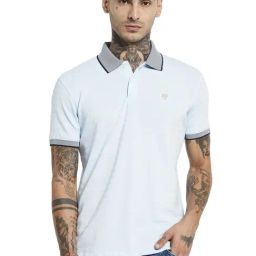 Octave Sky Blue Cotton Regular Fit Striped Polo T-Shirt-image-13