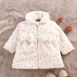 Little Kangaroos Full Sleeves Fur Jacket Heart Design  & Bow Applique - Off White-image-90