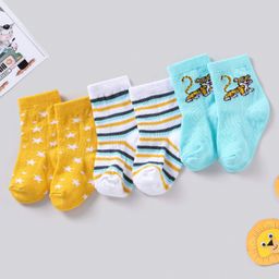Cute Walk by Babyhug Anti Bacterial Ankle Length Striped Socks Pack of 3 - Blue Yellow-image-85