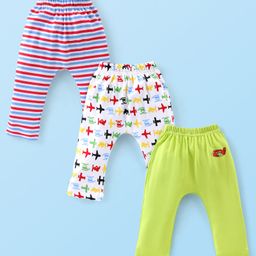 Babyhug Cotton Full Length Diaper Leggings Airplane Printed Pack of 3 - Green & White-image-84
