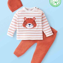 Babyhug Organic Cotton Full Sleeves Sweater Set Striped & Tiger Print - Peach & White-image-44