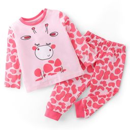 Babyhug Cotton Knit Full Sleeves Night Suit Giraffe Print - Pink-image-51