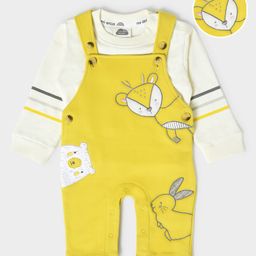 Mi Arcus 80% Cotton 20% Polyester Full Sleeves Striped Tee With Fox Embroidered Dungaree Set - Yellow-picture-25