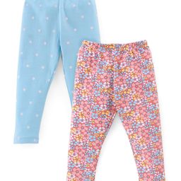 Babyhug Cotton Lycra Full Length Leggings Floral & Polka Dot Print Pack Of 2 - Pink & Blue-image-55