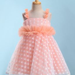 Bluebell Woven Sleeveless Party Frock With Floral Applique & Embroidery - Peach-image-7