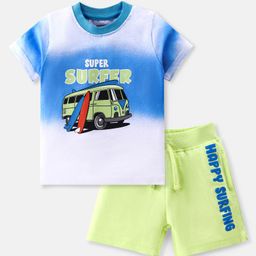 Babyhug 100% Cotton Single Jersey Knit Half Sleeves T-Shirt & Shorts Set Surfboard Print - White & Green-image-36