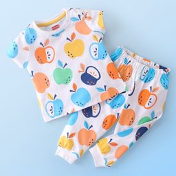 Babyhug Cotton Knit Single Jersey Half Sleeves Night Suit With Apple Print - White-image-83