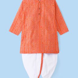 Babyhug Cambric Woven Full Sleeves Bandhani Printed Kurta With Dhoti Set - Orange & White-image-90