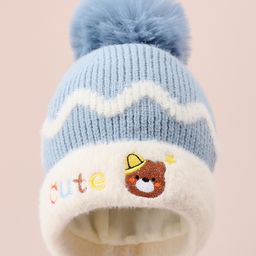 Babyhug Woollen Cap with Bear Text Design & Pom Pom Detailing - Blue-picture-18