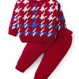 Babyhug Knitted Full Sleeves Sweater Set with Design - Red-image-66