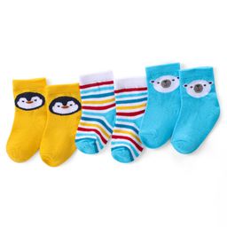 Cute Walk by Babyhug Ankle Length Antibacterial Knitted Striped & Penguin Design Socks Pack Of 3 - Blue & Yellow-picture-3