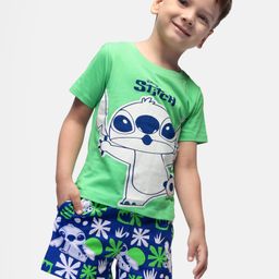 Honeyhap Disney Cotton Knit Half Sleeves T-shirt and Shorts Night Suit With Lilo & Stitch Graphics - Green & Navy-image-83
