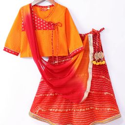 Exclusive from Jaipur Cotton Full Sleeves Choli Lehenga & Dupatta Set with Bandhani Print & Tassle Detailing - Red & Yellow-image-1