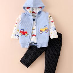 Wonderchild Interlock Construction Vehicles Embroidered Hooded Jacket With Full Sleeves Tee & Striped Pant - Baby Blue & Dull White-image-5