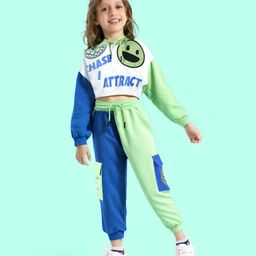 Ollington St. 100% Cotton Knit Full Sleeved Color Block Hoodie & Joggers Winter Wear Set With Text & Emoticon Print - Light Green & Blue-image-67