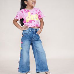 Kiddopanti Cotton Half Sleeves Love Text Embroidered Tie & Dye Crop Top With Bow Applique Detailed Flared Jeans Set - Baby Pink & Blue-image-91