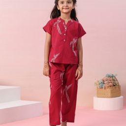 SAY Pure Cotton Woven Half Sleeves Birds Printed Coordinating Night Suit Set - Red-image-6