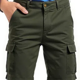 Pine Kids Cotton Elastane Woven Above Knee Length Solid Color Shorts - Olive Green-picture-42