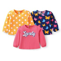Babyhug Cotton Knit Full Sleeves Tops with Polka Dots & Butterfly Print Pack of 3 - Yellow Pink & Navy Blue-image-82