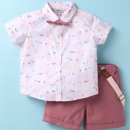 ToffyHouse Poplin Woven Half Sleeves Printed Shirt & Shorts With Bow & Suspender - Plum-picture-2