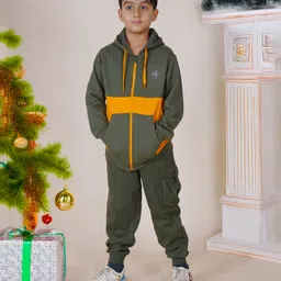 Kiddopanti Fleece Full Sleeves Front Zip Up Cut And Sew Hooded Sweatshirt With Joggers - Military Green & Mustard-picture-12