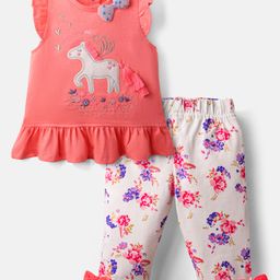 ToffyHouse Knitted Frill Sleeves Top & Leggings Set with Horse Patch & Floral Print - Coral & Beige-image-64