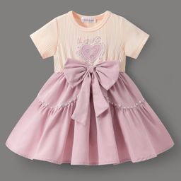 Mark & Mia Half Sleeves Heart Embroidered Frock with Pearl Detailing & Bow Applique - Pink-image-49
