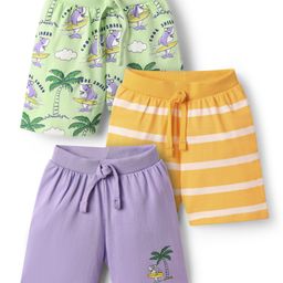 Babyhug Single Jersey Knit Striped & Shark Printed Shorts Pack of 3 - Lilac Yellow & Light Green-image-94