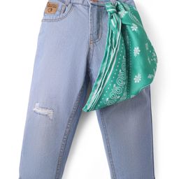 Little Kangaroos Full Length Anti Bacterial Washed Denim Jeans With Distressed Pattern & Scarf - Blue-image-90
