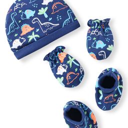 Babyhug 100% Cotton Knit Cap Mittens & Booties With Dino Print - Navy Blue-image-109