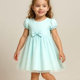 Babyhug Woven Half Puffed Sleeves Mesh Dress with Bow Applique - Mint-image-30