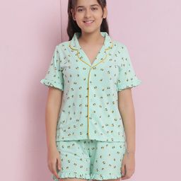 Lil Tomatoes Cotton Jersey Knit Half Sleeves Lemon Printed Coordinating Night Suit Set - Light Green-image-26