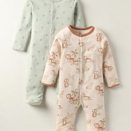 I Bears Interlock Knit Full Sleeves Animal & Tree Printed Footed Sleep Suits Pack of 2 - Cream & Light Green-image-25