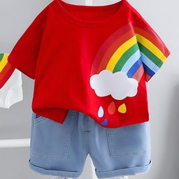 Googo Gaaga Cotton Half Sleeves Rainbow Printed Tee & Shorts Set - Red-image-57