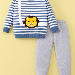 Mark & Mia Cotton Full Sleeves Baby Sweater Set with Stripe & Lion Design - Blue Grey & White-picture-48