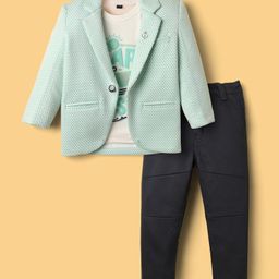 Dapper Dudes Full Sleeves Textured Checked Blazer With Typography Printed Tee & Pant Set - Sea Green-image-72