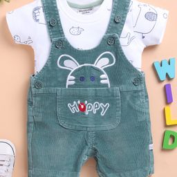Wonderchild Animals Embroidered & Printed Dungaree & Half Sleeves Tee Set - White & Olive-image-56