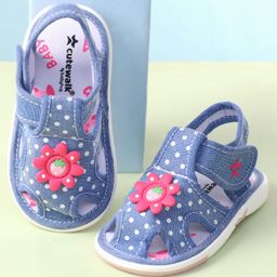 Cute Walk by Babyhug Velcro Closure Sandals with Polka Dot Print & Floral Applique - Blue-picture-49