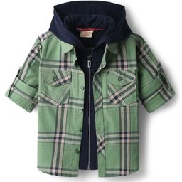 Rikidoos Full Sleeves Checked Shirt With Attached Hooded Tee Set - Green & Navy Blue-picture-36