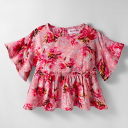 Kookie Kids Woven Three Fourth Sleeves Peplum Top With Floral Print - Pink-image-93