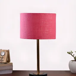 Aura Pink & Copper Toned Traditional Cylindrical Shaped Jute Shade Wooden Table Lamp-1