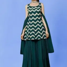 PARROT CREATION Floral Embroidered Sequinned Georgette Kurti With Sharara And Dupatta-image-63
