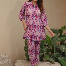 Zeyo Geometric Printed Shirt Collar Three-Quarter Sleeves Top With Trouser-41