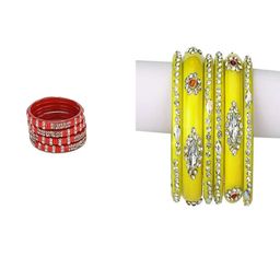 Somil Set of 10 Red & Yellow Glass Artificial Stones And Beaded Bangles Set-image-27